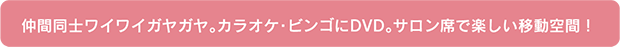 仲間同士ワイワイガヤガヤ。カラオケ・ビンゴにDVD。サロン席で楽しい移動空間！