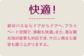 貸切バスならドアからドアへ、プライベート空間で、移動も快適。また、急な観光地の変更も対応でき、サロン席なら宴会も盛り上がりますよ。