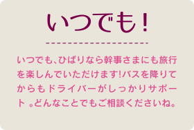 いつでも、ひばりなら幹事さまにも旅行を楽しんでいただけます!バスを降りてからもドライバーがしっかりサポート 。どんなことでもご相談下さいね。