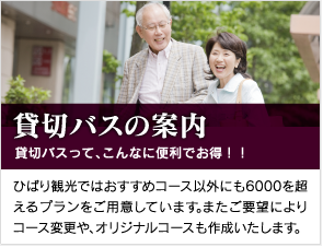 貸切バスの案内。貸切バスって、こんなに便利でお得！！ひばり観光ではおすすめコース以外にも6000を超えるプランをご用意しています。またご要望によりコース変更や、オリジナルコースも作成致します。